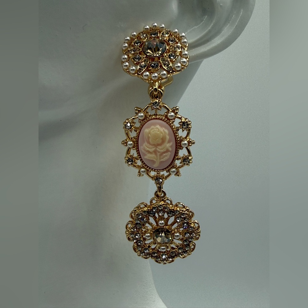 Marchesa Elegant Gold Cameo Rose Drop Earrings w/ Pearls & Crystals - Picture 10 of 16
